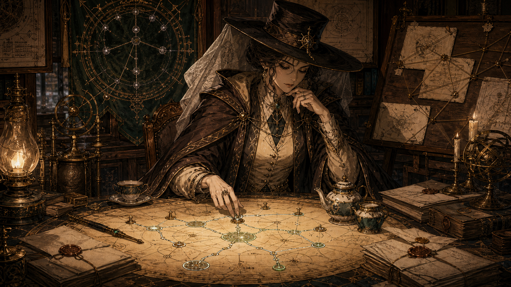 Consul agent: a counselor weighing orbiting plans in a vaulted hall.