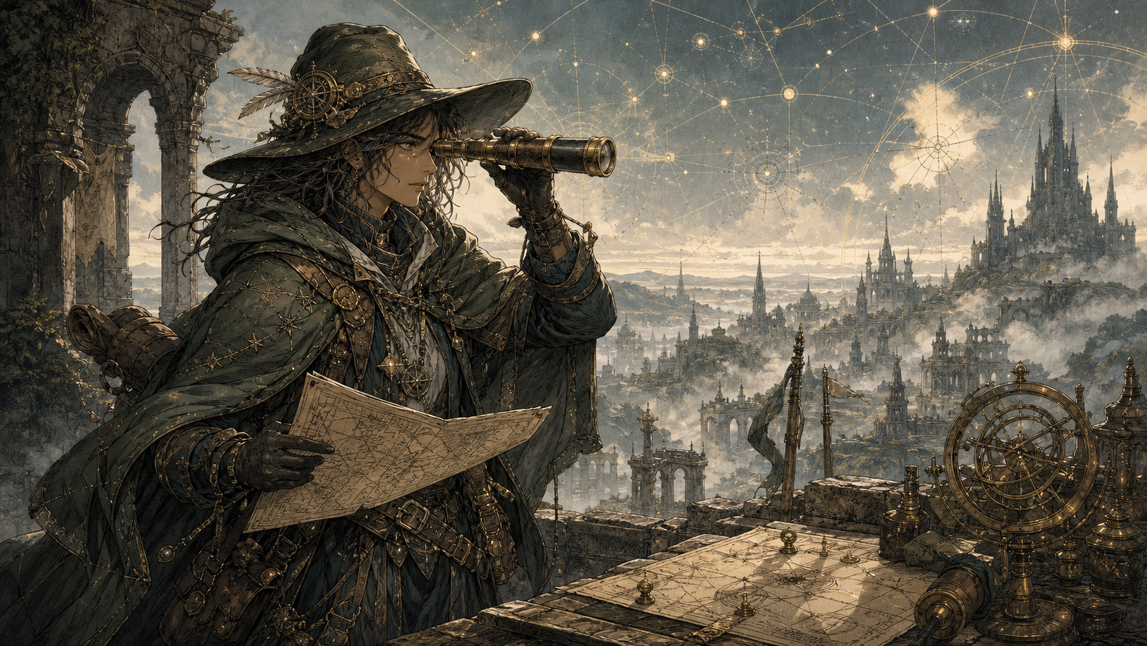 Explorer agent: an adventurer surveying terrain through a spyglass.