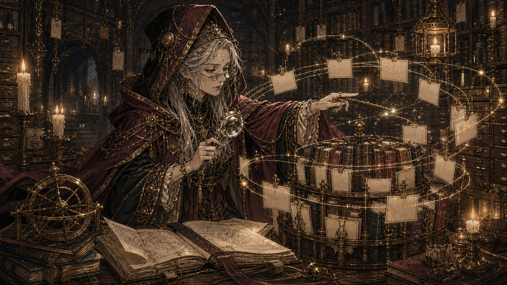 Librarian agent: a figure retrieving documents among towering archives.