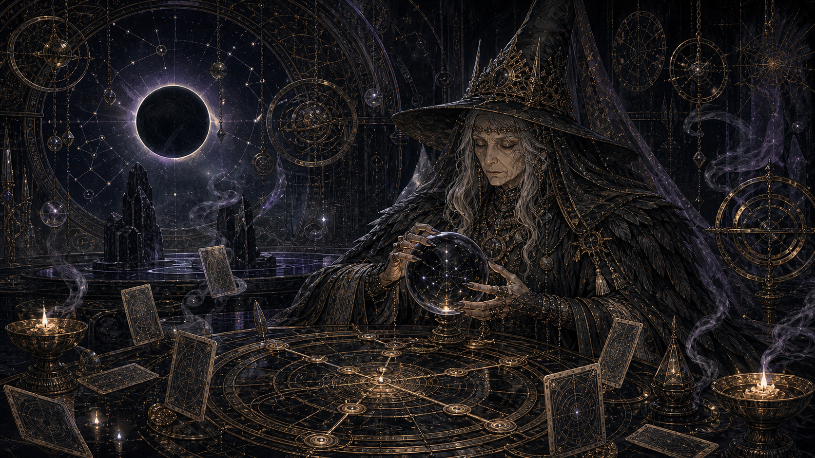 Oracle agent: a robed seer reading a glowing tome of runes.