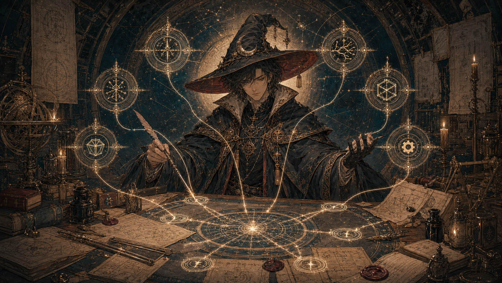Orchestrator agent: a wizard conjuring a glowing magic circle to direct the run.