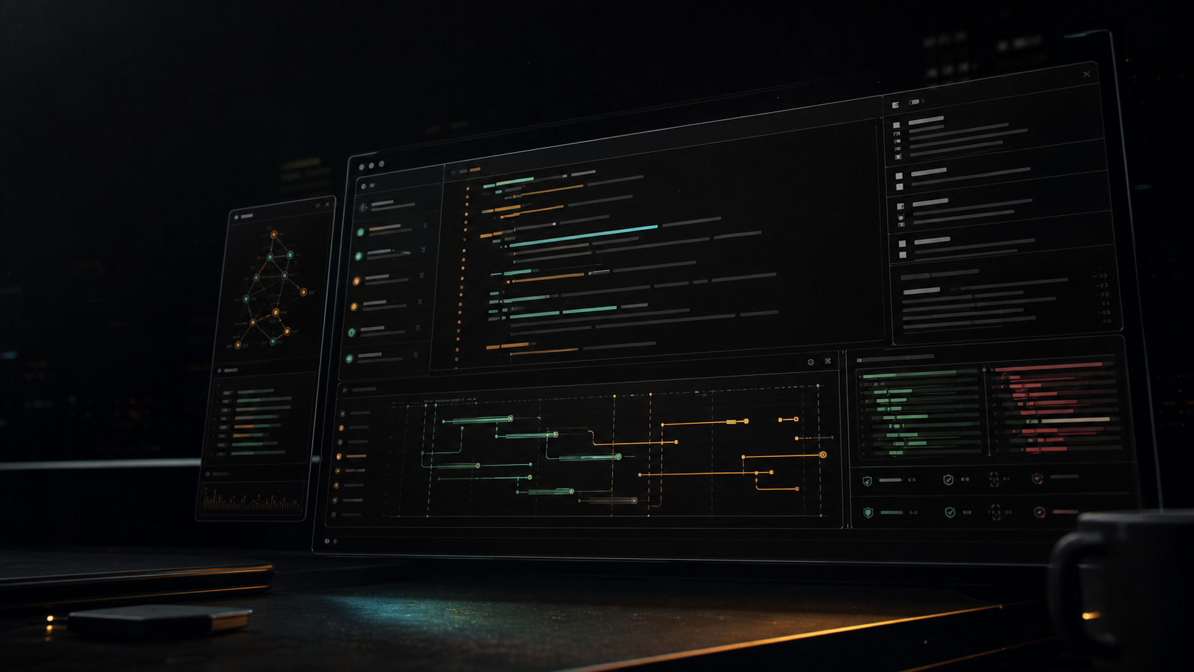Dark terminal command center with agent panels, timelines, and diff-like surfaces.
