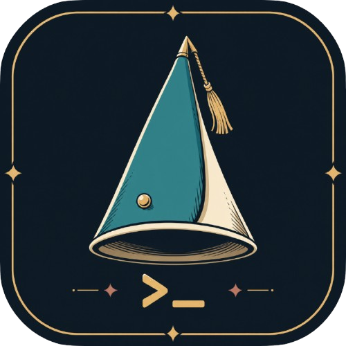 Atelier app icon: a teal and cream wizard hat above a terminal prompt, framed in gold on deep navy.