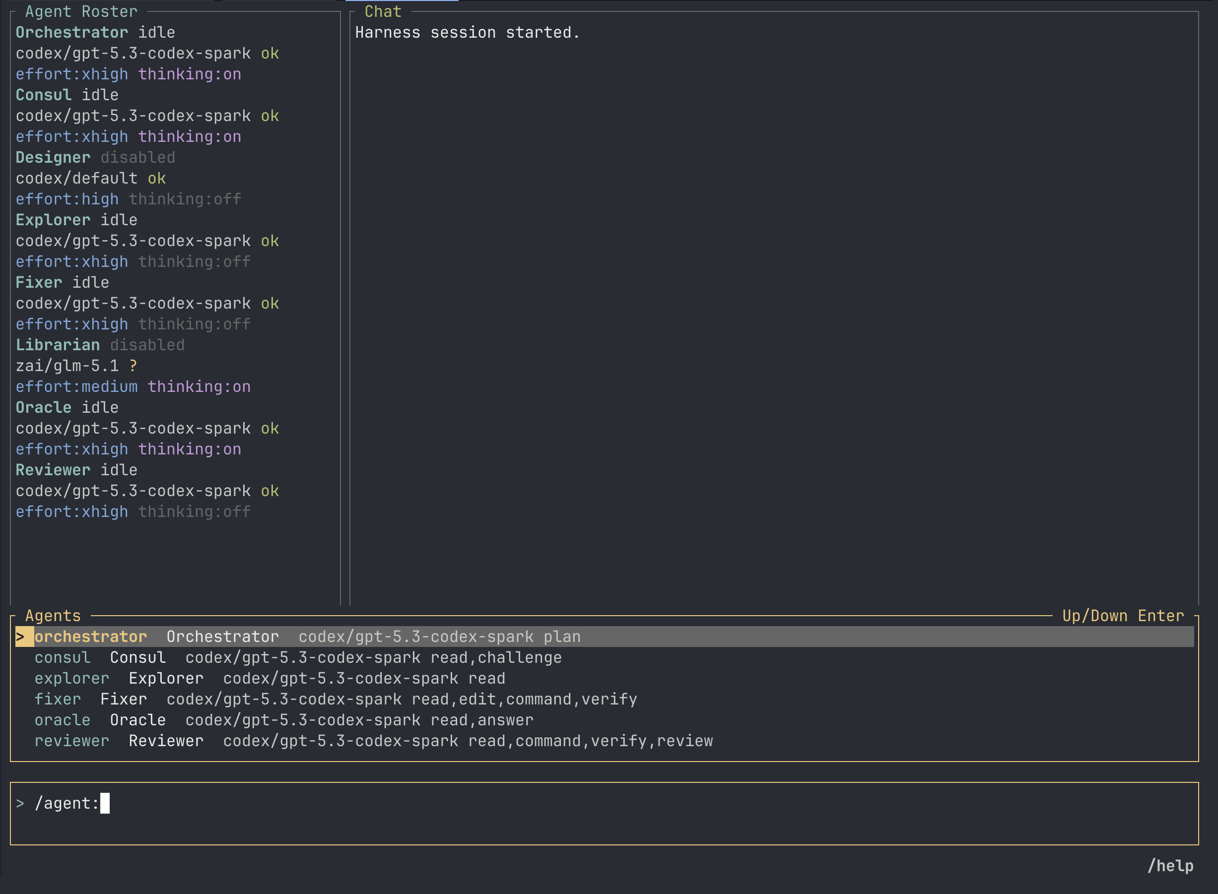 Atelier TUI showing the agent picker with runtimes and capability sets.