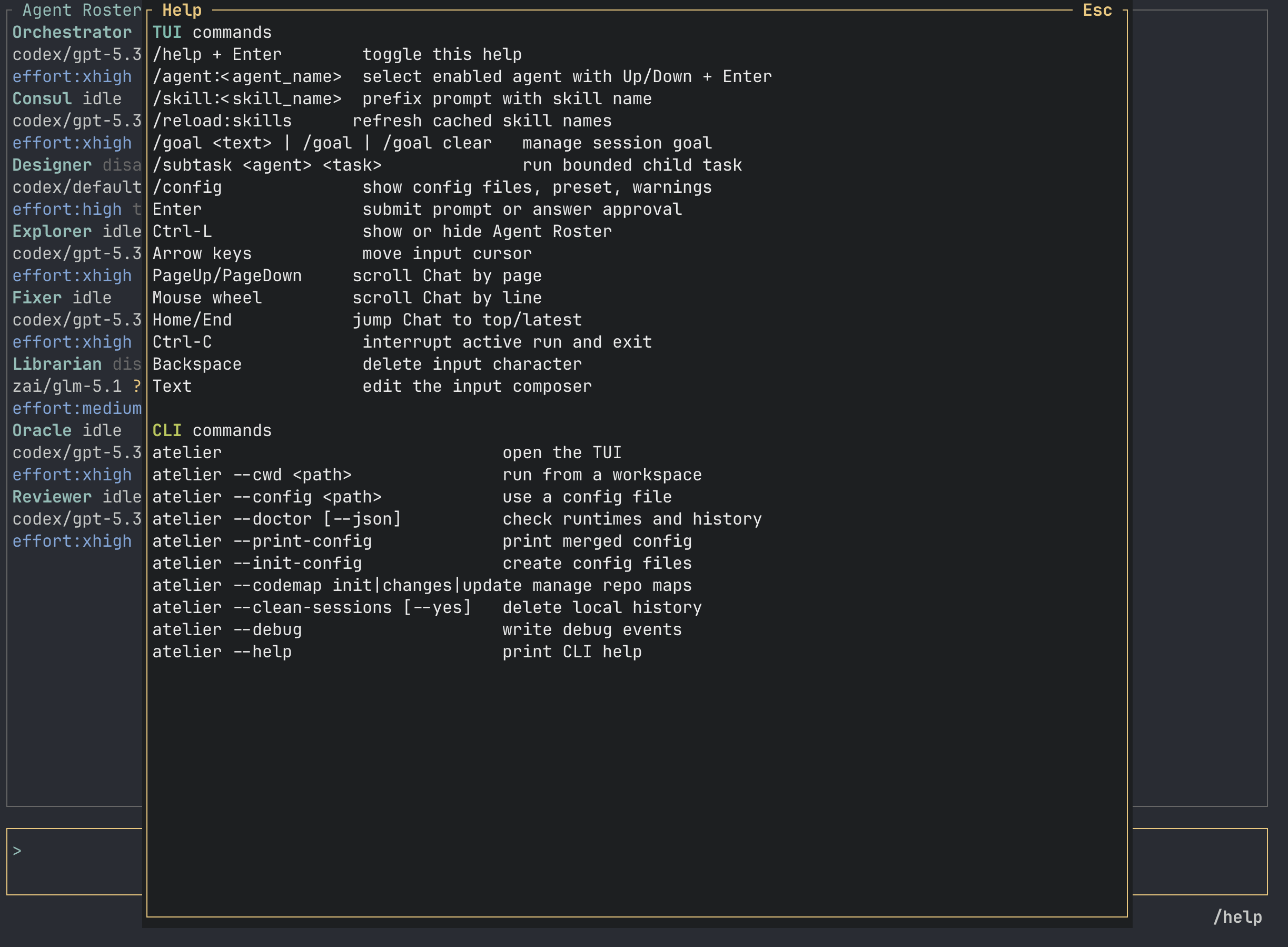 Atelier TUI showing the help overlay with TUI and CLI commands.
